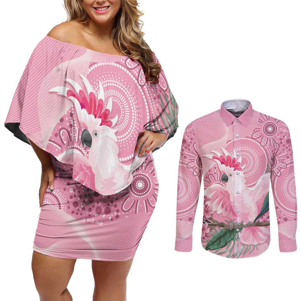 Pink Cockatoo Australia Couples Matching Off Shoulder Short Dress and Long Sleeve Button Shirt Aussie Cacatua Leadbeateri - Aboriginal Art