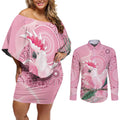 Pink Cockatoo Australia Couples Matching Off Shoulder Short Dress and Long Sleeve Button Shirt Aussie Cacatua Leadbeateri - Aboriginal Art