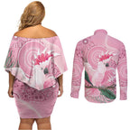 Pink Cockatoo Australia Couples Matching Off Shoulder Short Dress and Long Sleeve Button Shirt Aussie Cacatua Leadbeateri - Aboriginal Art