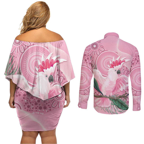 Pink Cockatoo Australia Couples Matching Off Shoulder Short Dress and Long Sleeve Button Shirt Aussie Cacatua Leadbeateri - Aboriginal Art