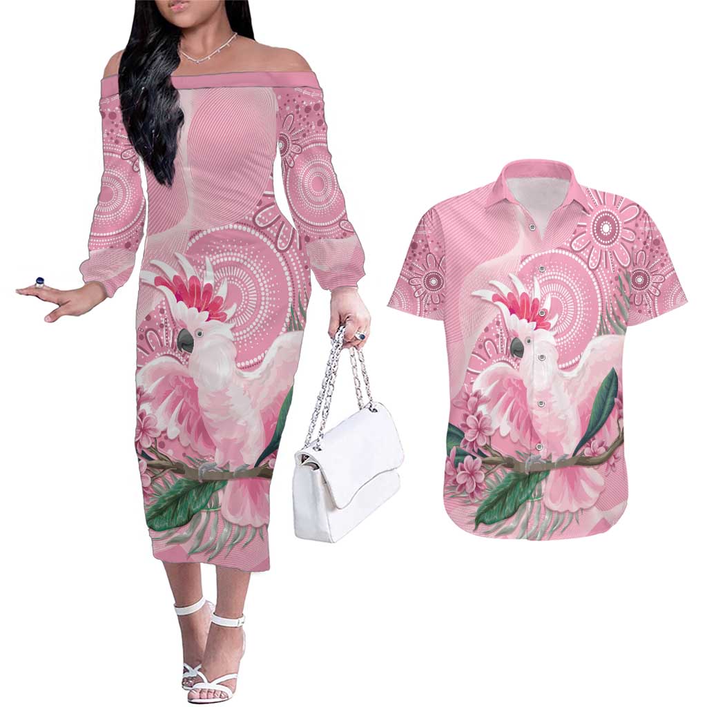 Pink Cockatoo Australia Couples Matching Off The Shoulder Long Sleeve Dress and Hawaiian Shirt Aussie Cacatua Leadbeateri - Aboriginal Art