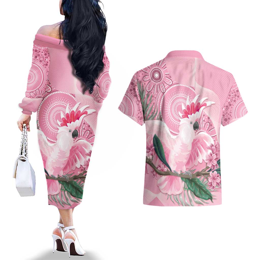 Pink Cockatoo Australia Couples Matching Off The Shoulder Long Sleeve Dress and Hawaiian Shirt Aussie Cacatua Leadbeateri - Aboriginal Art