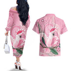 Pink Cockatoo Australia Couples Matching Off The Shoulder Long Sleeve Dress and Hawaiian Shirt Aussie Cacatua Leadbeateri - Aboriginal Art