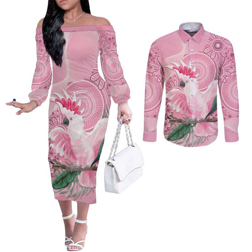 Pink Cockatoo Australia Couples Matching Off The Shoulder Long Sleeve Dress and Long Sleeve Button Shirt Aussie Cacatua Leadbeateri - Aboriginal Art