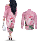 Pink Cockatoo Australia Couples Matching Off The Shoulder Long Sleeve Dress and Long Sleeve Button Shirt Aussie Cacatua Leadbeateri - Aboriginal Art
