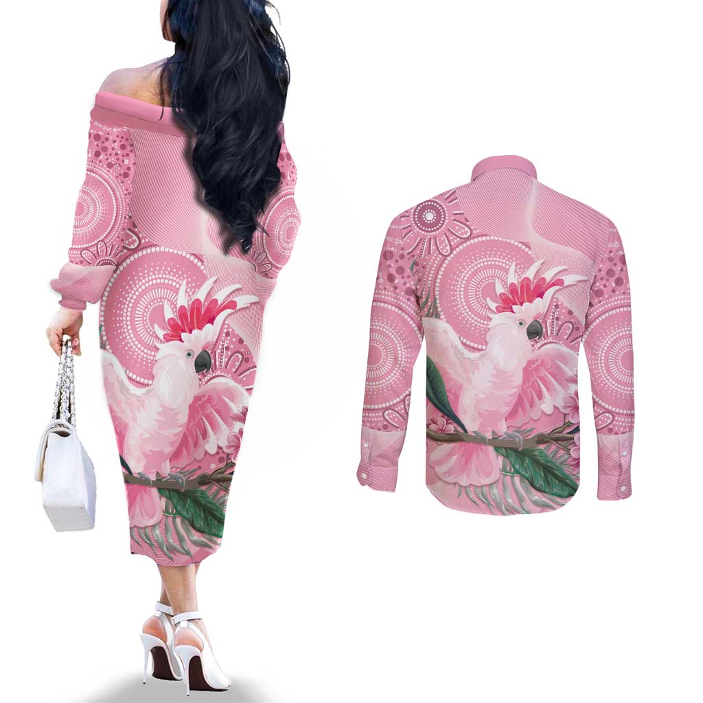 Pink Cockatoo Australia Couples Matching Off The Shoulder Long Sleeve Dress and Long Sleeve Button Shirt Aussie Cacatua Leadbeateri - Aboriginal Art