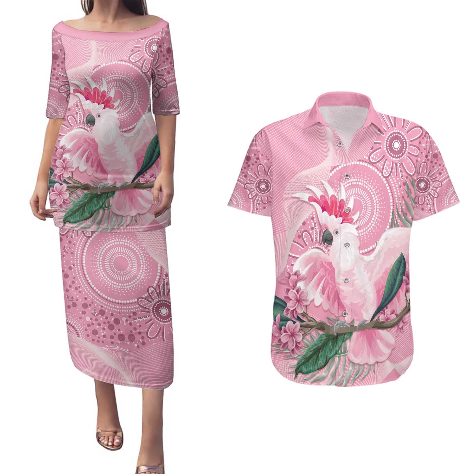 Pink Cockatoo Australia Couples Matching Puletasi and Hawaiian Shirt Aussie Cacatua Leadbeateri - Aboriginal Art