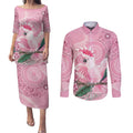 Pink Cockatoo Australia Couples Matching Puletasi and Long Sleeve Button Shirt Aussie Cacatua Leadbeateri - Aboriginal Art