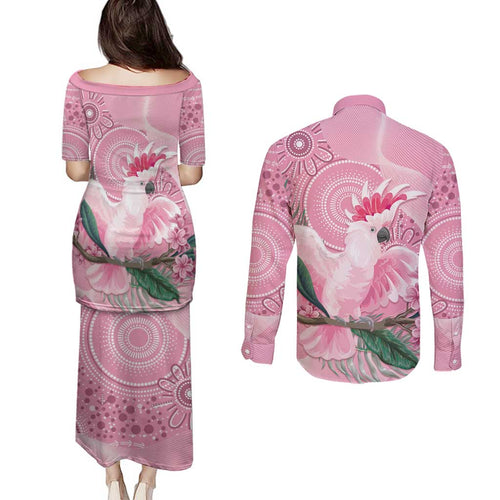 Pink Cockatoo Australia Couples Matching Puletasi and Long Sleeve Button Shirt Aussie Cacatua Leadbeateri - Aboriginal Art