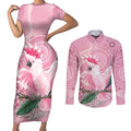 Pink Cockatoo Australia Couples Matching Short Sleeve Bodycon Dress and Long Sleeve Button Shirt Aussie Cacatua Leadbeateri - Aboriginal Art