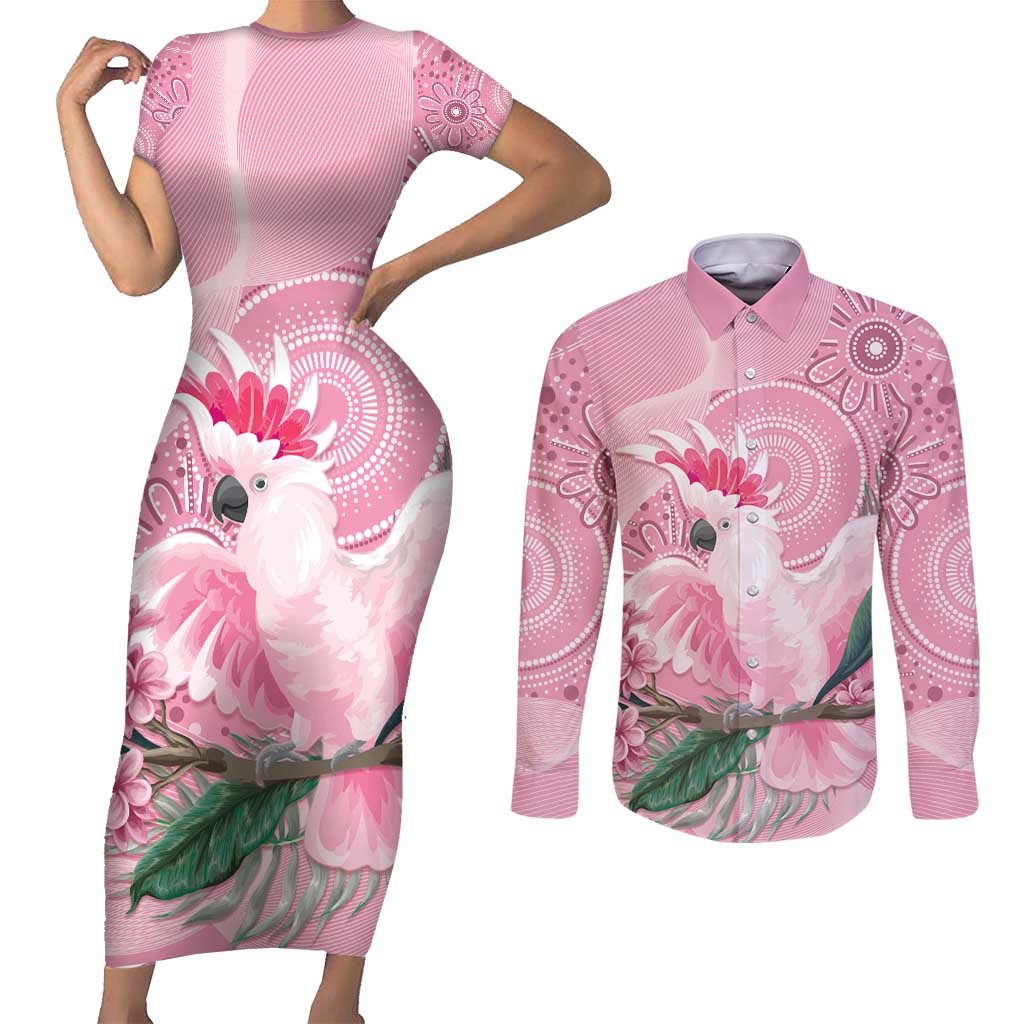 Pink Cockatoo Australia Couples Matching Short Sleeve Bodycon Dress and Long Sleeve Button Shirt Aussie Cacatua Leadbeateri - Aboriginal Art