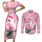 Pink Cockatoo Australia Couples Matching Short Sleeve Bodycon Dress and Long Sleeve Button Shirt Aussie Cacatua Leadbeateri - Aboriginal Art