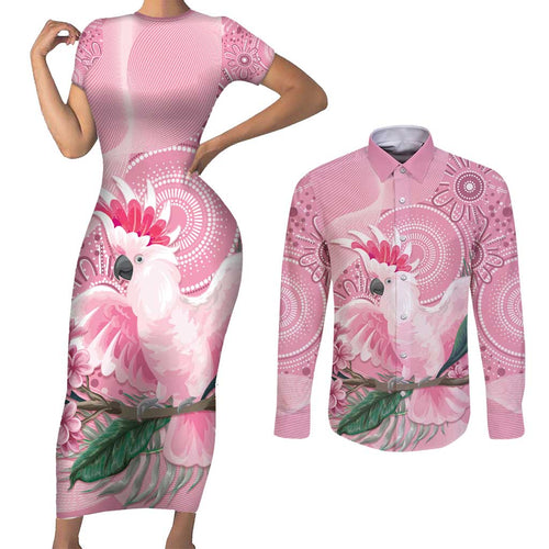 Pink Cockatoo Australia Couples Matching Short Sleeve Bodycon Dress and Long Sleeve Button Shirt Aussie Cacatua Leadbeateri - Aboriginal Art