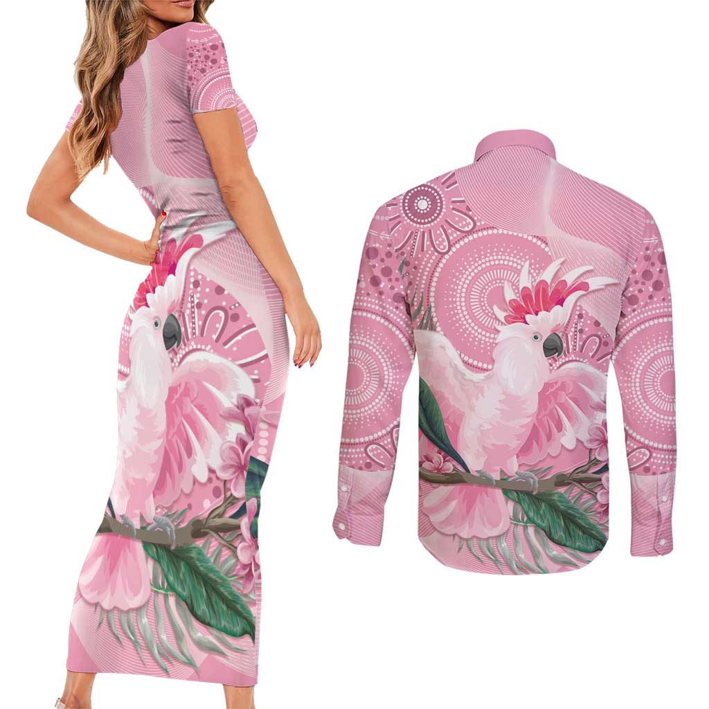 Pink Cockatoo Australia Couples Matching Short Sleeve Bodycon Dress and Long Sleeve Button Shirt Aussie Cacatua Leadbeateri - Aboriginal Art