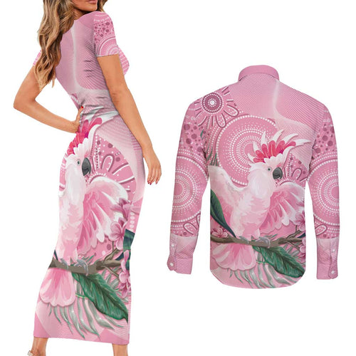 Pink Cockatoo Australia Couples Matching Short Sleeve Bodycon Dress and Long Sleeve Button Shirt Aussie Cacatua Leadbeateri - Aboriginal Art