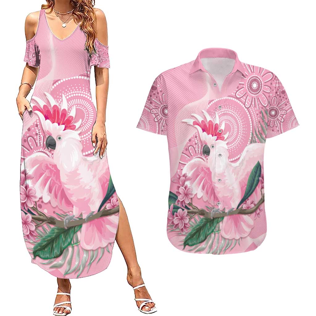 Pink Cockatoo Australia Couples Matching Summer Maxi Dress and Hawaiian Shirt Aussie Cacatua Leadbeateri - Aboriginal Art