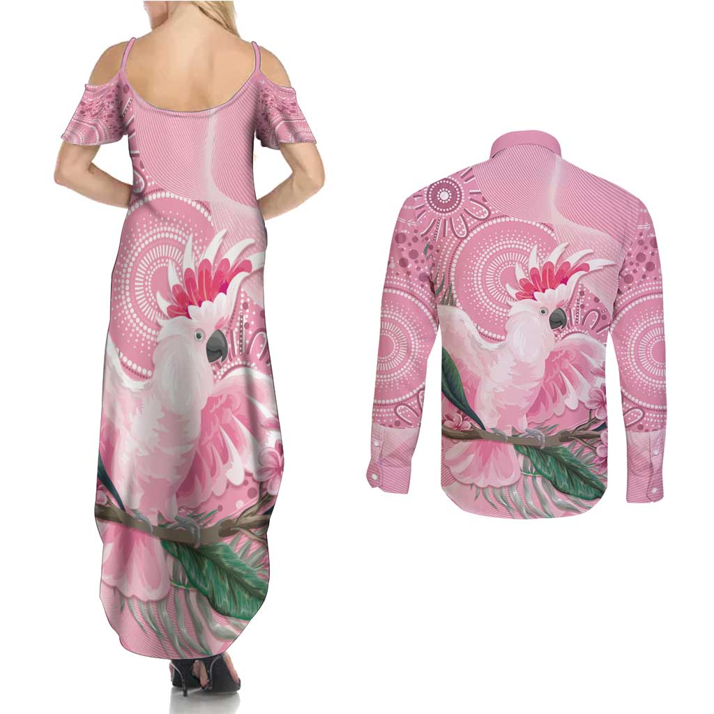 Pink Cockatoo Australia Couples Matching Summer Maxi Dress and Long Sleeve Button Shirt Aussie Cacatua Leadbeateri - Aboriginal Art