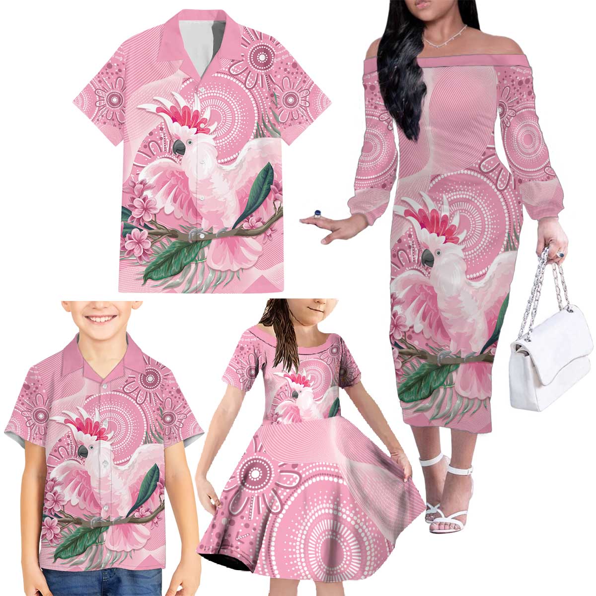 Pink Cockatoo Australia Family Matching Off The Shoulder Long Sleeve Dress and Hawaiian Shirt Aussie Cacatua Leadbeateri - Aboriginal Art