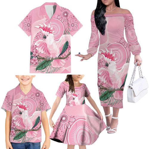 Pink Cockatoo Australia Family Matching Off The Shoulder Long Sleeve Dress and Hawaiian Shirt Aussie Cacatua Leadbeateri - Aboriginal Art