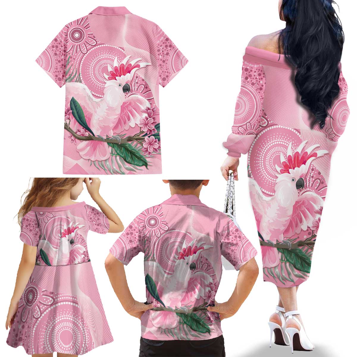 Pink Cockatoo Australia Family Matching Off The Shoulder Long Sleeve Dress and Hawaiian Shirt Aussie Cacatua Leadbeateri - Aboriginal Art