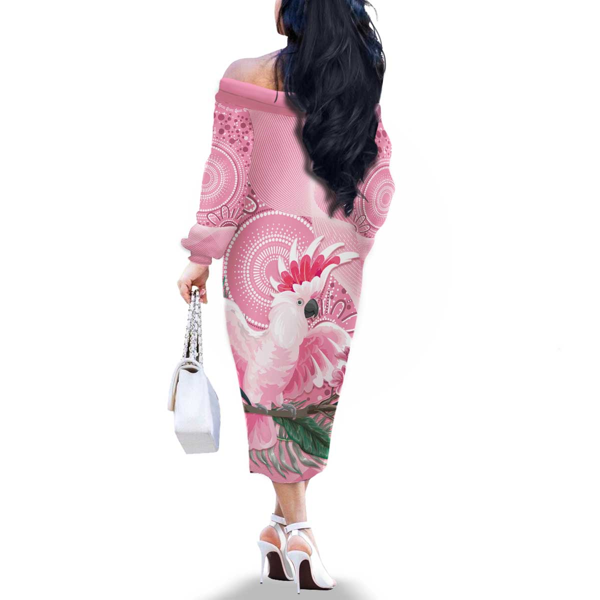 Pink Cockatoo Australia Family Matching Off The Shoulder Long Sleeve Dress and Hawaiian Shirt Aussie Cacatua Leadbeateri - Aboriginal Art