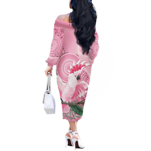 Pink Cockatoo Australia Off The Shoulder Long Sleeve Dress Aussie Cacatua Leadbeateri - Aboriginal Art