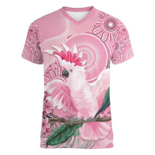 Pink Cockatoo Australia Women V-Neck T-Shirt Aussie Cacatua Leadbeateri - Aboriginal Art