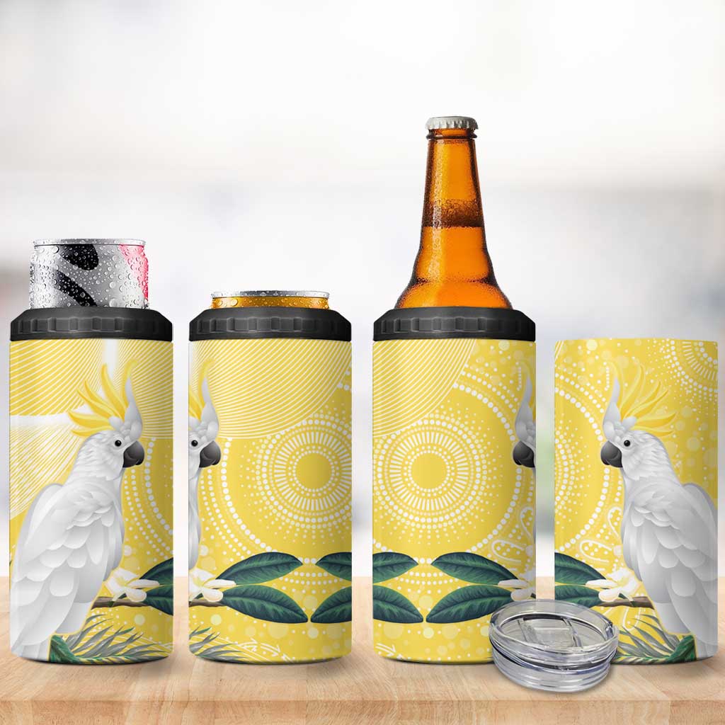 Australia Cacatua Galerita 4 in 1 Can Cooler Tumbler Sulphur-Crested Cockatoo - Aboriginal Art