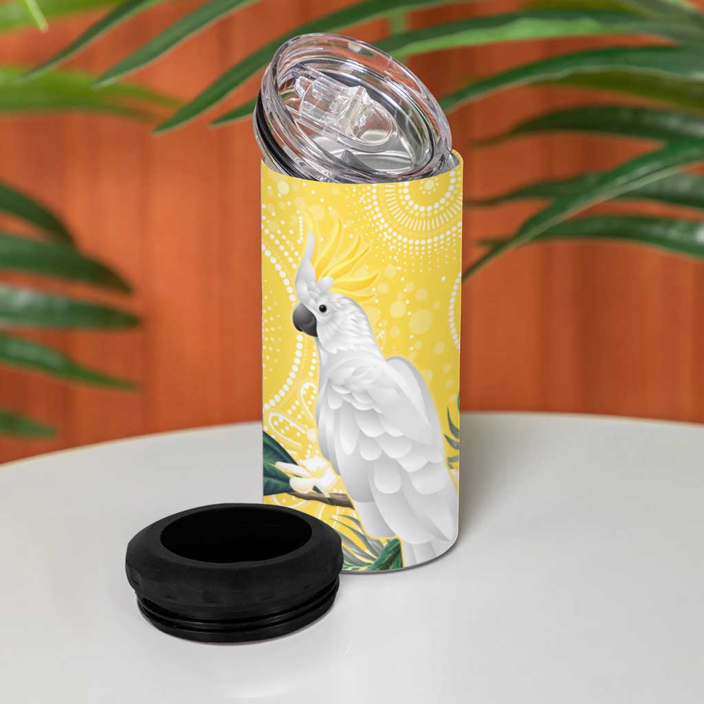 Australia Cacatua Galerita 4 in 1 Can Cooler Tumbler Sulphur-Crested Cockatoo - Aboriginal Art