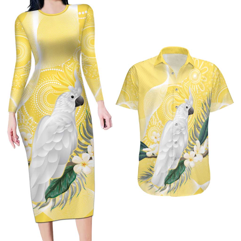 Australia Cacatua Galerita Couples Matching Long Sleeve Bodycon Dress and Hawaiian Shirt Sulphur-Crested Cockatoo - Aboriginal Art