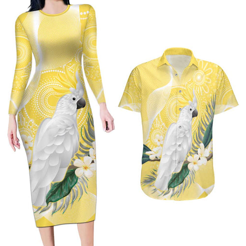 Australia Cacatua Galerita Couples Matching Long Sleeve Bodycon Dress and Hawaiian Shirt Sulphur-Crested Cockatoo - Aboriginal Art