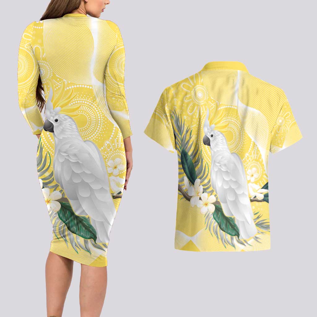 Australia Cacatua Galerita Couples Matching Long Sleeve Bodycon Dress and Hawaiian Shirt Sulphur-Crested Cockatoo - Aboriginal Art