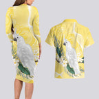 Australia Cacatua Galerita Couples Matching Long Sleeve Bodycon Dress and Hawaiian Shirt Sulphur-Crested Cockatoo - Aboriginal Art