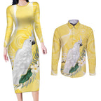 Australia Cacatua Galerita Couples Matching Long Sleeve Bodycon Dress and Long Sleeve Button Shirt Sulphur-Crested Cockatoo - Aboriginal Art