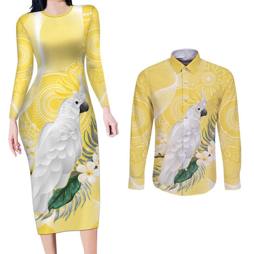 Australia Cacatua Galerita Couples Matching Long Sleeve Bodycon Dress and Long Sleeve Button Shirt Sulphur-Crested Cockatoo - Aboriginal Art