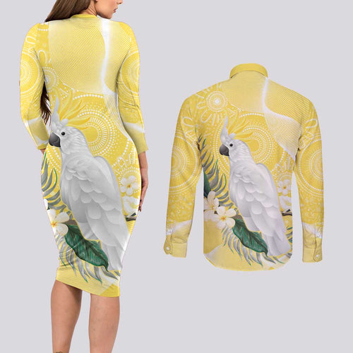 Australia Cacatua Galerita Couples Matching Long Sleeve Bodycon Dress and Long Sleeve Button Shirt Sulphur-Crested Cockatoo - Aboriginal Art