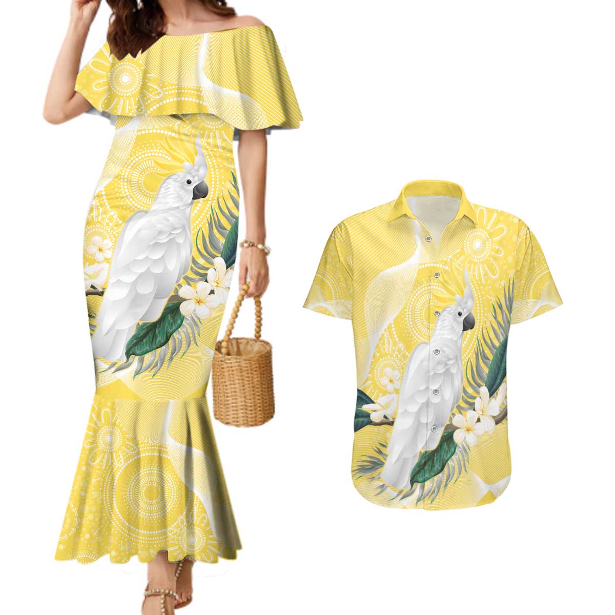 Australia Cacatua Galerita Couples Matching Mermaid Dress and Hawaiian Shirt Sulphur-Crested Cockatoo - Aboriginal Art