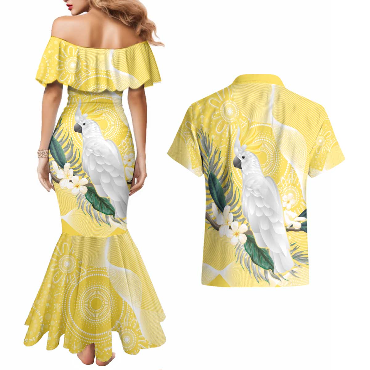 Australia Cacatua Galerita Couples Matching Mermaid Dress and Hawaiian Shirt Sulphur-Crested Cockatoo - Aboriginal Art