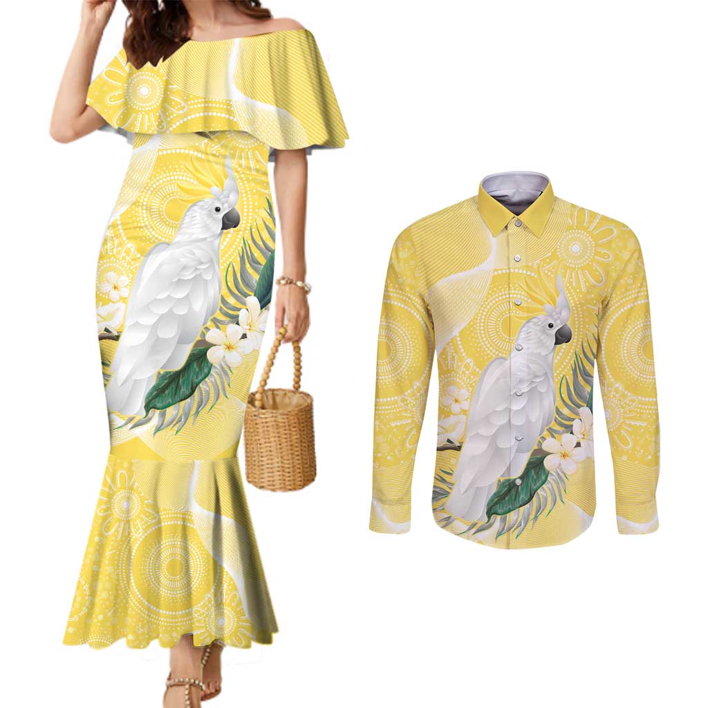 Australia Cacatua Galerita Couples Matching Mermaid Dress and Long Sleeve Button Shirt Sulphur-Crested Cockatoo - Aboriginal Art