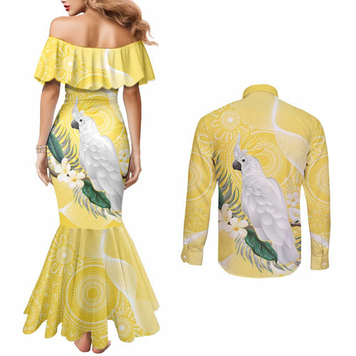 Australia Cacatua Galerita Couples Matching Mermaid Dress and Long Sleeve Button Shirt Sulphur-Crested Cockatoo - Aboriginal Art
