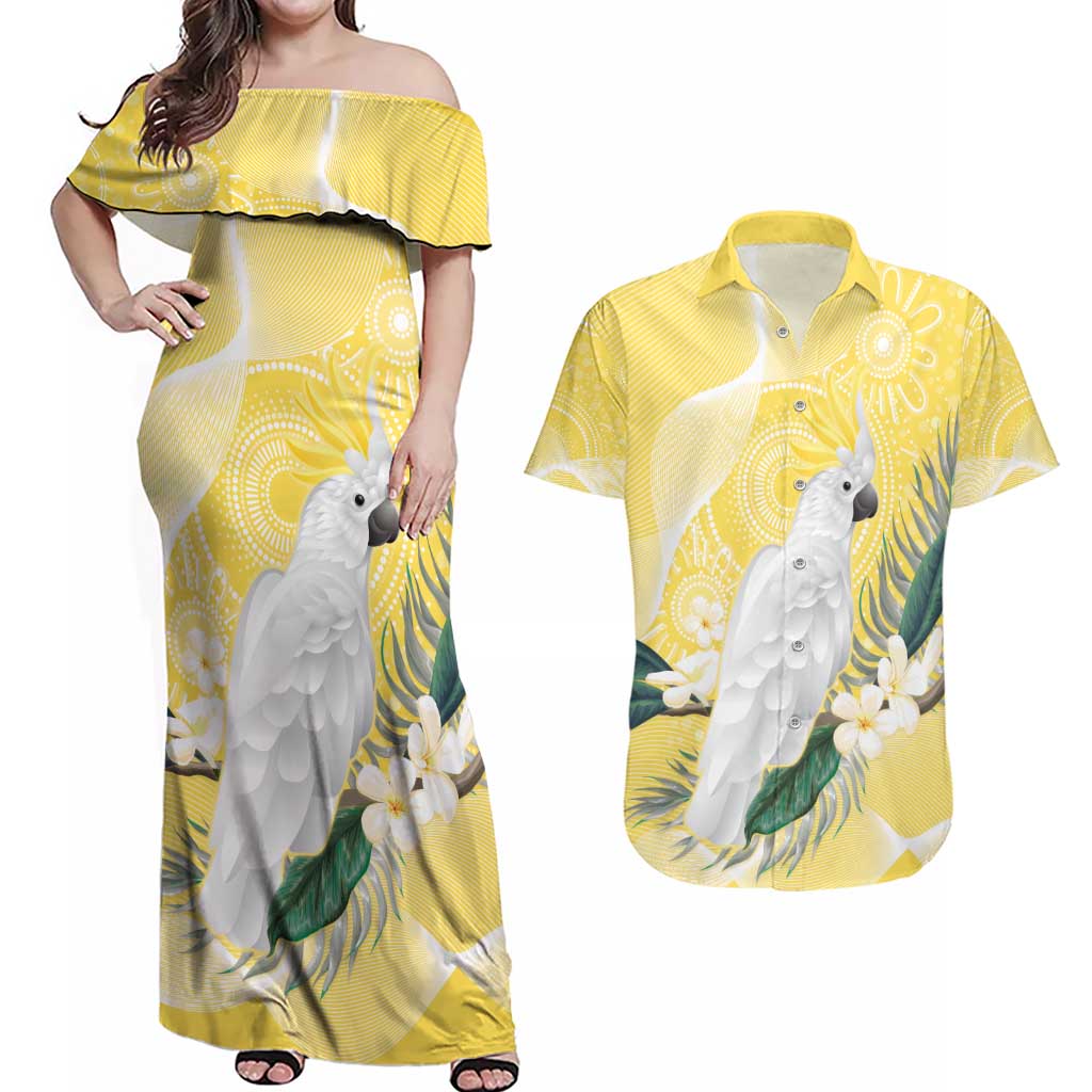 Australia Cacatua Galerita Couples Matching Off Shoulder Maxi Dress and Hawaiian Shirt Sulphur-Crested Cockatoo - Aboriginal Art