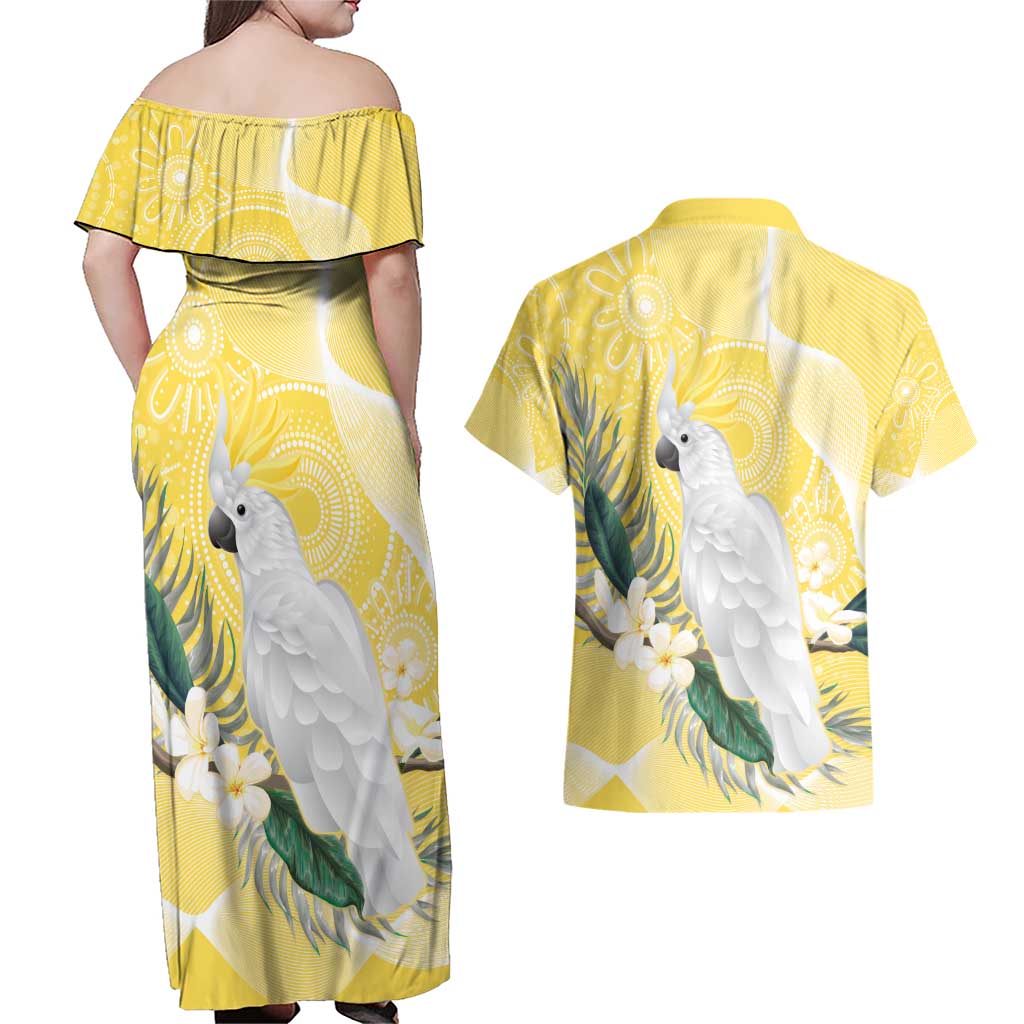 Australia Cacatua Galerita Couples Matching Off Shoulder Maxi Dress and Hawaiian Shirt Sulphur-Crested Cockatoo - Aboriginal Art