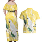 Australia Cacatua Galerita Couples Matching Off Shoulder Maxi Dress and Hawaiian Shirt Sulphur-Crested Cockatoo - Aboriginal Art