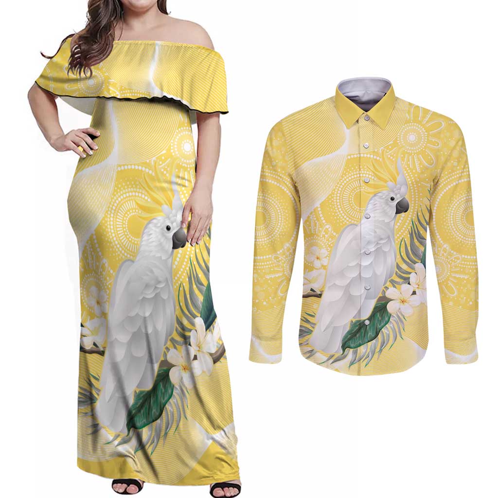 Australia Cacatua Galerita Couples Matching Off Shoulder Maxi Dress and Long Sleeve Button Shirt Sulphur-Crested Cockatoo - Aboriginal Art