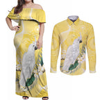 Australia Cacatua Galerita Couples Matching Off Shoulder Maxi Dress and Long Sleeve Button Shirt Sulphur-Crested Cockatoo - Aboriginal Art