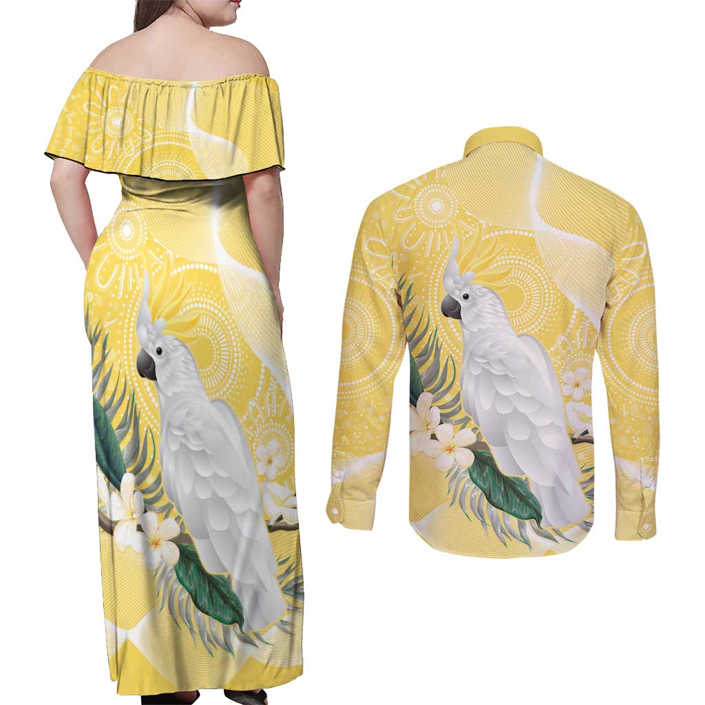 Australia Cacatua Galerita Couples Matching Off Shoulder Maxi Dress and Long Sleeve Button Shirt Sulphur-Crested Cockatoo - Aboriginal Art