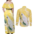 Australia Cacatua Galerita Couples Matching Off Shoulder Maxi Dress and Long Sleeve Button Shirt Sulphur-Crested Cockatoo - Aboriginal Art