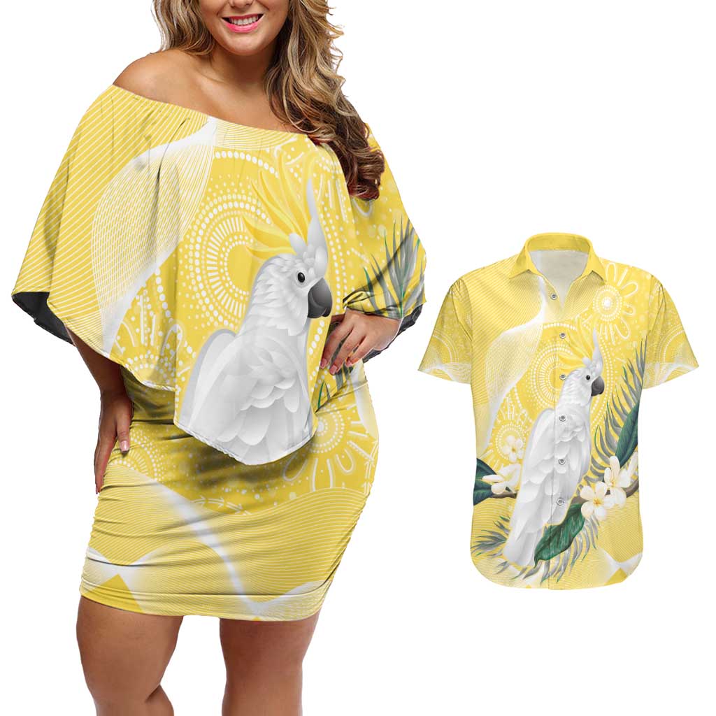 Australia Cacatua Galerita Couples Matching Off Shoulder Short Dress and Hawaiian Shirt Sulphur-Crested Cockatoo - Aboriginal Art