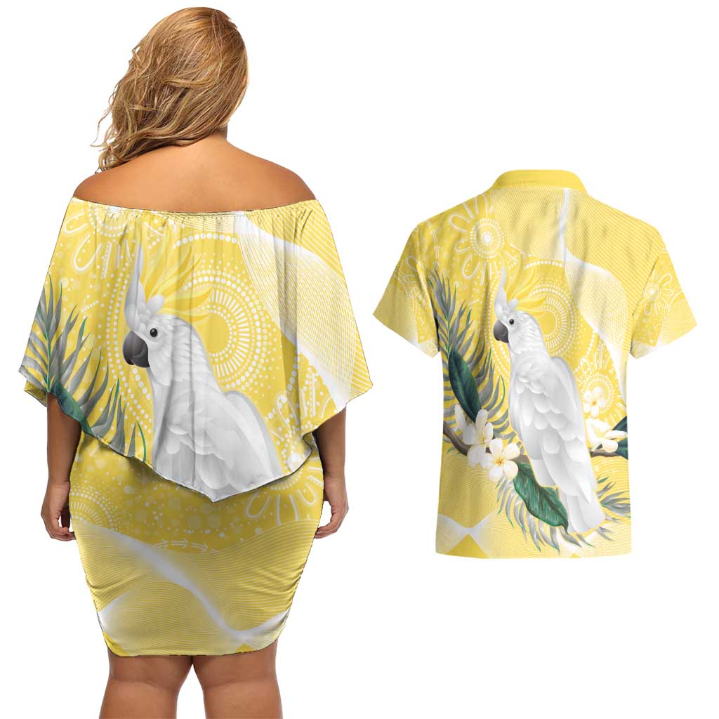 Australia Cacatua Galerita Couples Matching Off Shoulder Short Dress and Hawaiian Shirt Sulphur-Crested Cockatoo - Aboriginal Art
