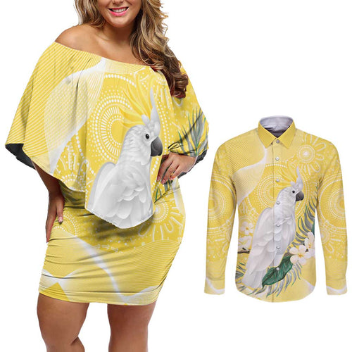 Australia Cacatua Galerita Couples Matching Off Shoulder Short Dress and Long Sleeve Button Shirt Sulphur-Crested Cockatoo - Aboriginal Art